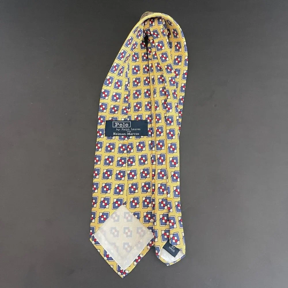 Polo by Ralph Lauren For Neiman Marcus Yellow Blue Tie, Hand Made